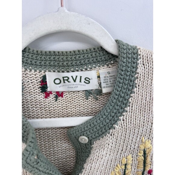 Vintage Orvis Womens Sweater Small Beige Cardigan Chunky Knit Floral Embroidery - Picture 5 of 16